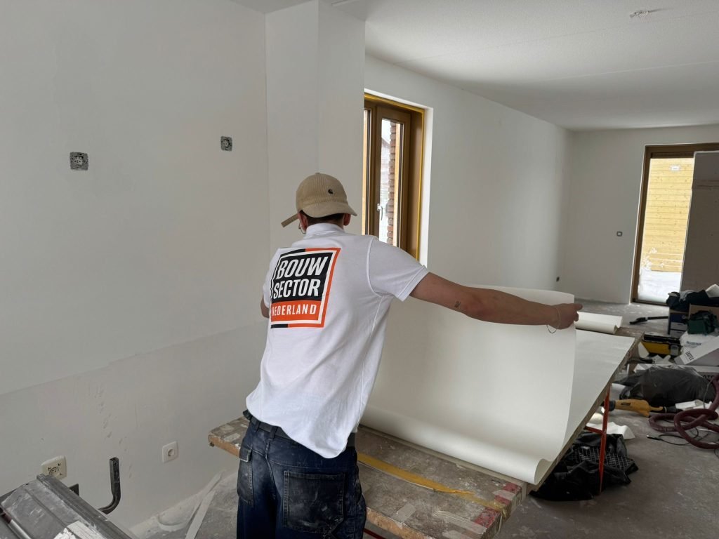 Behanger van Bouwsector Nederland brengt een baan renovlies aan in een nieuwbouwwoning