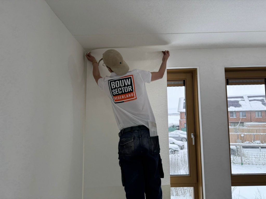 Vakman van Bouwsector Nederland zet een baan renovlies strak tegen het plafond